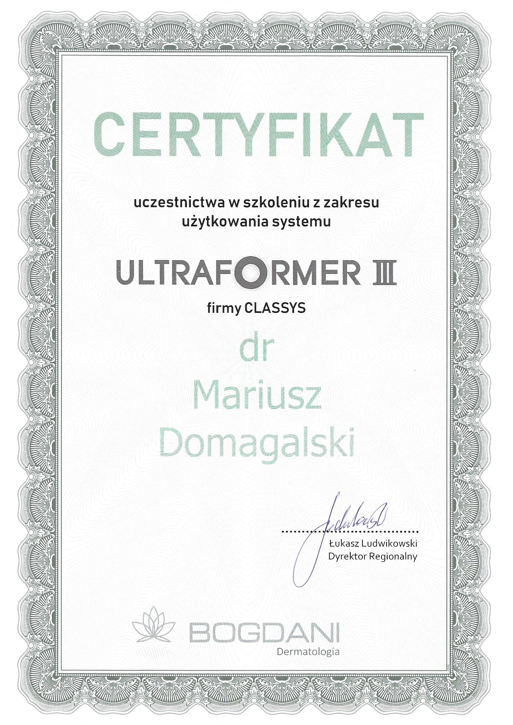 Certyfikat ukończenia szkolenia z zakresu użytkowania platformy laserowej Ultraformer III (2019)
